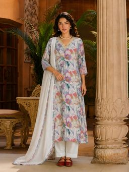 Gahan - Womens Grey Rayon Blend Printed Straight Kurta and Pant with Dupatta