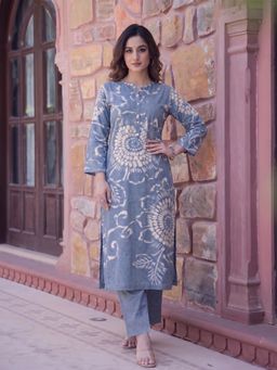 Gahan - Womens Blue Rayon Blend Printed A-Line Kurta with Pant