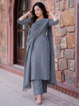 Gahan - Womens Grey Green Rayon Blend Printed Straight Kurta and Pant with Dupatta
