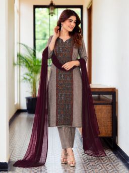 Gahan - Womens Grey Rayon Blend Printed Straight Kurta and Pant with Dupatta