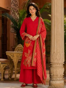 Gahan - Womens Red Rayon Blend Printed Straight Kurta and Palazzo with Dupatta