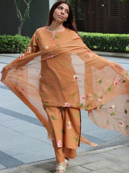 Gahan - Womens Orange Rayon Blend Printed Kurta with Pant & Dupatta