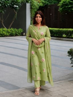 Gahan - Womens Pista Rayon Blend Printed Kurta with Pant & Dupatta