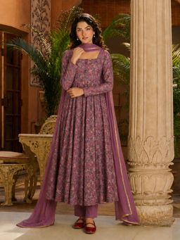 Gahan - Womens Purple Rayon Blend Printed Anarkali Kurta and Pant with Dupatta