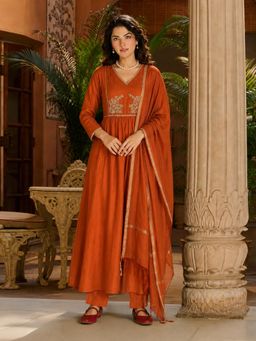 Gahan - Womens Orange Rayon Blend Solid Anarkali Kurta and Pant with Dupatta