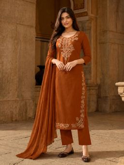 Gahan - Womens Rust Rayon Blend Embroidery Straight Kurta Trouser with Dupattas