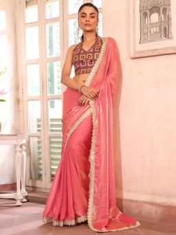 Nyri - Peach Embellished Embroidered Sequinned Satin Saree with Unstitched Blouse