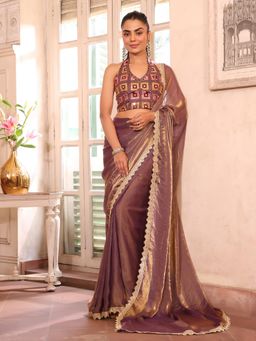 Nyri - Metallic Embellished Embroidered Sequinned Satin Saree with Unstitched Blouse