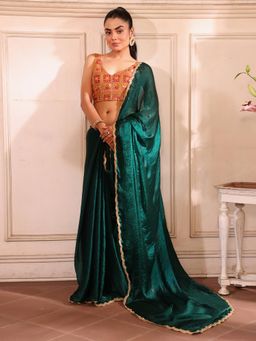 Nyri - Green Embellished Embroidered Sequinned Satin Saree with Unstitched Blouse