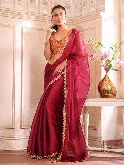Nyri - Pink Embellished Embroidered Sequinned Satin Saree with Unstitched Blouse