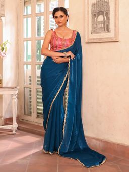 Nyri - Teal Embellished Embroidered Sequinned Satin Saree with Unstitched Blouse