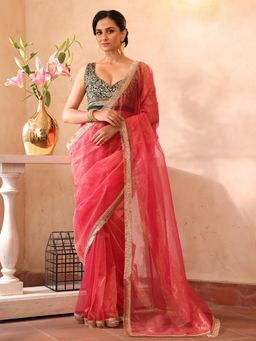 Nyri - Peach Embellished Sequinned Organza Saree with Unstitched Blouse