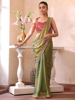 Nyri - Green Embellished Embroidered Sequinned Satin Saree with Unstitched Blouse