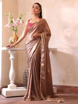 Nyri - Metallic Embellished Embroidered Sequinned Satin Saree with Unstitched Blouse