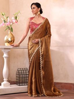Nyri - Metallic Embellished Embroidered Sequinned Satin Saree with Unstitched Blouse