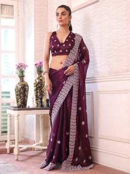Nyri - Purple Embellished Embroidered Sequinned Chiffon Saree with Unstitched Blouse