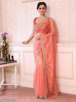 Nyri - Peach Embellished Sequinned Organza Saree with Unstitched Blouse