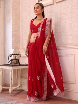 Nyri - Embellished Embroidered Sequinned Chiffon Saree with Unstitched Blouse