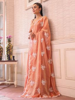 Nyri - Peach Embellished Embroidered Sequinned Satin Saree with Unstitched Blouse