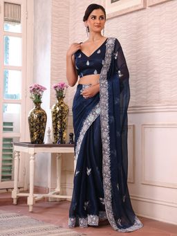 Nyri - Navy Blue Embellished Embroidered Sequinned Chiffon Saree with Unstitched Blouse