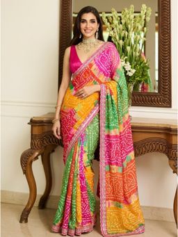 Nyri - Multi-Color Embellished Printed Bandhani Georgette Saree with Unstitched Blouse