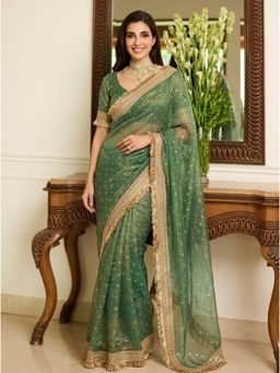 Nyri - Green Embroidered Embellished Sequinned Satin Saree with Unstitched Blouse