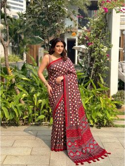 Nyri - Multi-Color Printed Embellished Mirrorwork Ajrak Saree with Unstitched Blouse