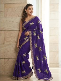 Nyri - Purple Embroidered Embellished Mirror Chiffon Saree with Unstitched Blouse