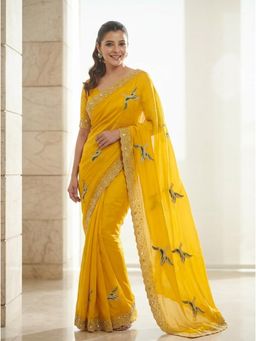 Nyri - Yellow Embroidered Embellished Mirror Chiffon Saree with Unstitched Blouse