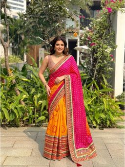 Nyri - Multi-Color Embroidered Embellished Bandhani Georgette Saree with Unstitched Blouse