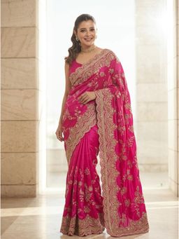 Nyri - Pink Embroidered Embellished Sequinned Chiffon Saree with Unstitched Blouse