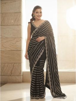 Nyri - Black Embroidered Embellished Sequinned Chiffon Saree with Unstitched Blouse
