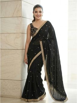 Nyri - Black Embroidered Embellished Mirror Satin Saree with Unstitched Blouse