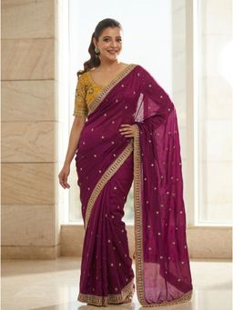 Nyri - Burgundy Embroidered Embellished Chiffon Saree with Unstitched Blouse
