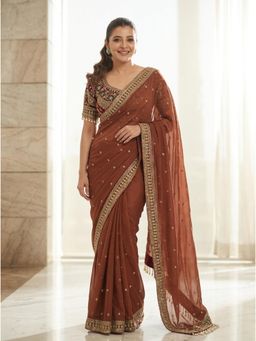 Nyri - Brown Embroidered Embellished Sequinned Chiffon Saree with Unstitched Blouse