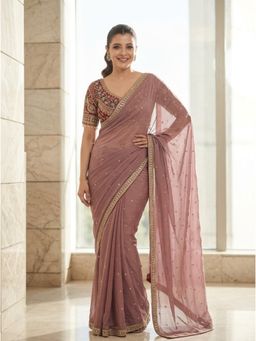 Nyri - Mauve Embroidered Embellished Sequinned Chiffon Saree with Unstitched Blouse