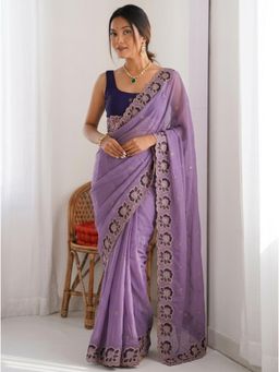 Nyri - Purple Embroidered Embellished Sequinned Georgette Saree with Unstitched Blouse