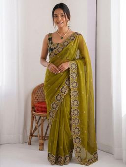 Nyri - Green Embroidered Embellished Sequinned Georgette Saree with Unstitched Blouse
