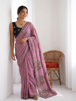 Nyri - Mauve Embroidered Embellished Sequinned Georgette Saree with Unstitched Blouse