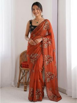 Nyri - Rust Embroidered Embellished Sequinned Georgette Saree with Unstitched Blouse