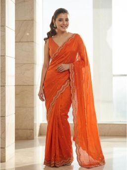Nyri - Orange Embellished Beads and Stones Satin Saree with Unstitched Blouse