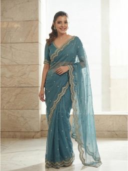 Nyri - Blue Embellished Beads and Stones Satin Saree with Unstitched Blouse
