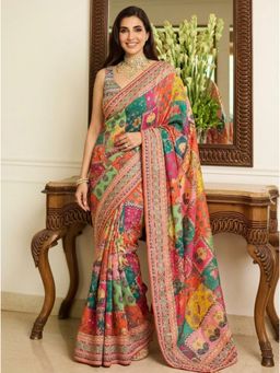Nyri - Multi-Color Printed Embellished Mirrorwork Chiffon Saree with Unstitched Blouse