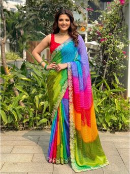 Nyri - Multi-Color Embroidered Embellished Bandhani Georgette Saree with Unstitched Blouse