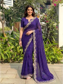 Nyri - Purple Embroidered Embellished Bandhani Georgette Saree with Unstitched Blouse