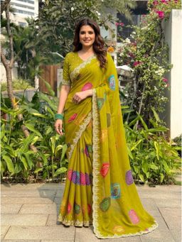 Nyri - Green Embroidered Embellished Bandhani Georgette Saree with Unstitched Blouse