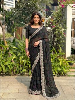 Nyri - Black Embroidered Embellished Bandhani Georgette Saree with Unstitched Blouse