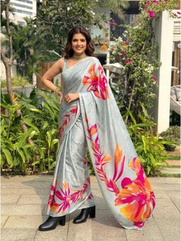 Nyri - Grey Floral Printed Satin Saree with Unstitched Blouse