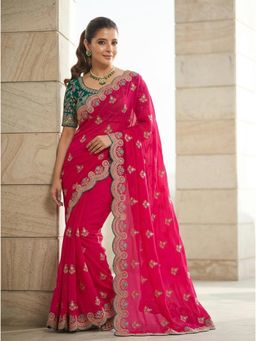Nyri - Pink Ethnic Motifs Embroidered Embellished Sequinned Saree with Unstitched Blouses