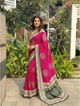 Nyri - Pink Printed Bandhani Silk Blend Saree with Unstitched Blouse